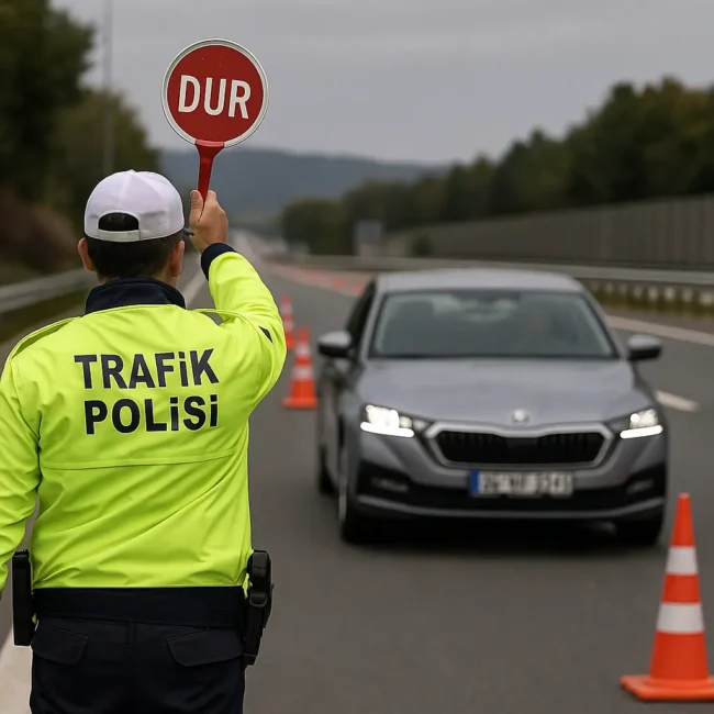 Trafik polisi “Dur” tabelasıyla aracı durdururken, yeni trafik yasası kapsamında sıkı denetim uygulaması.